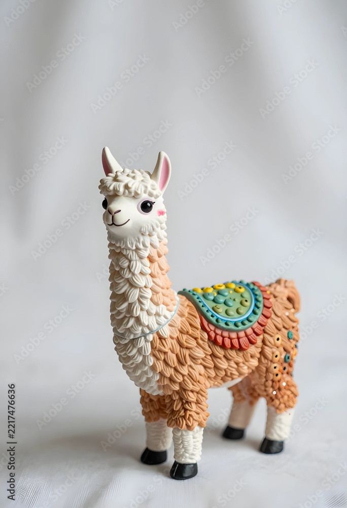 Fototapeta premium Childhood play and imagination, cute llama toy figurine with colorful saddle for nursery decor and creative storytelling in a studio setting