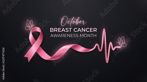 Breast cancer awareness month banner with pink ribbon and heartbeat line on black background
