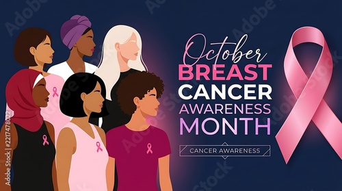 Breast cancer awareness month banner with diverse group of women wearing pink ribbon, supporting oncology health care, prevention campaign and solidarity in october