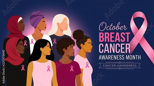 Diverse women of different ethnicities supporting breast cancer awareness month with pink ribbons