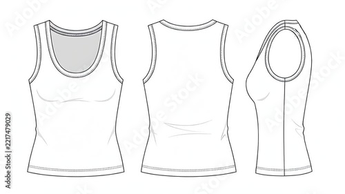 Technical fashion illustration of a white women's tank top showing multiple views and stitching details.