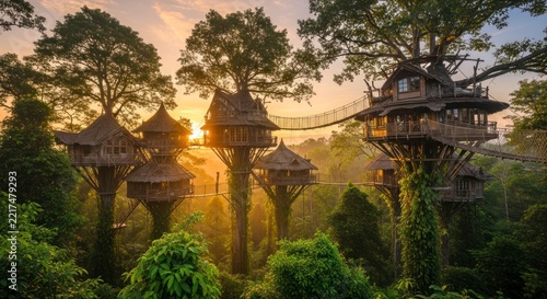 Treehouses in forest at sunset.