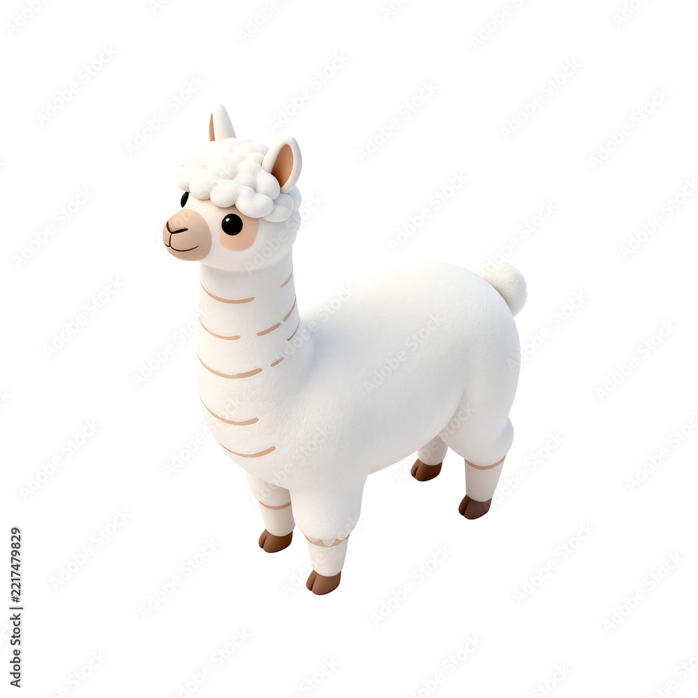 Fototapeta premium Cute Cartoon Alpaca Standing On Plain White Background