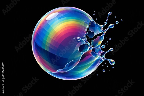 A realistic image of a spherical rainbow soap bubble bursting against a pitch-black background