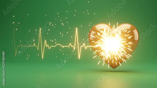 A glowing golden heartbeat EKG line hits a 3D heart icon against a solid green background, creating a bright spark effect.
