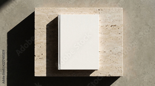 Top Down Blank Off White Hardcover Book Mockup on Travertine Stone Pedestal Noise Effect