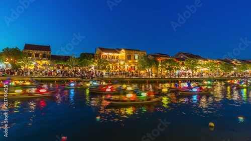 Tourists to cruise the Thu Bon River to see the atmosphere of Hoi An at night, Vietnam.