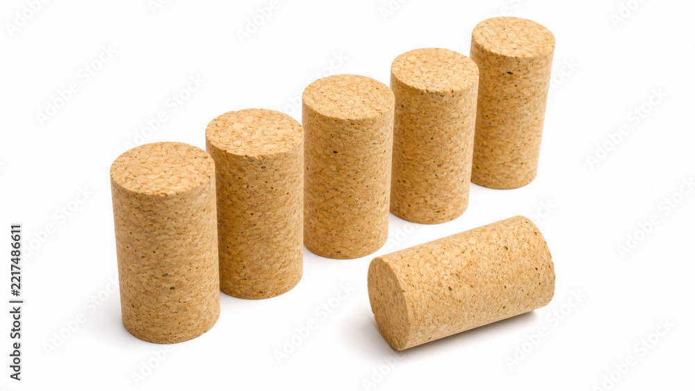 Fototapeta premium Six cylindrical natural wine corks standing and lying in a row on a generated using ai surface