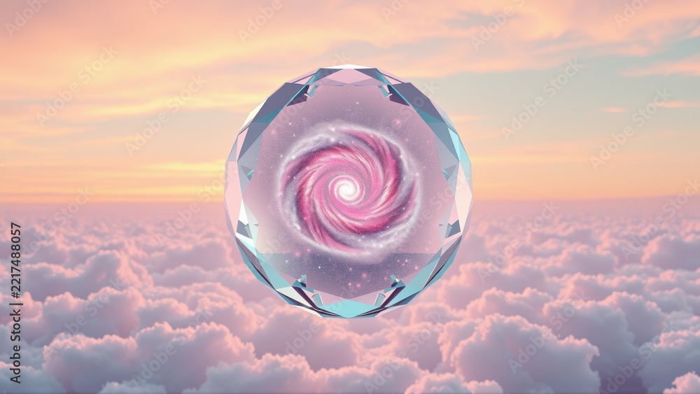 Fototapeta premium Crystal sphere contains swirling galaxy. Pink, blue hues dominate sky above clouds. Dreamlike, ethereal composition evokes wonder.