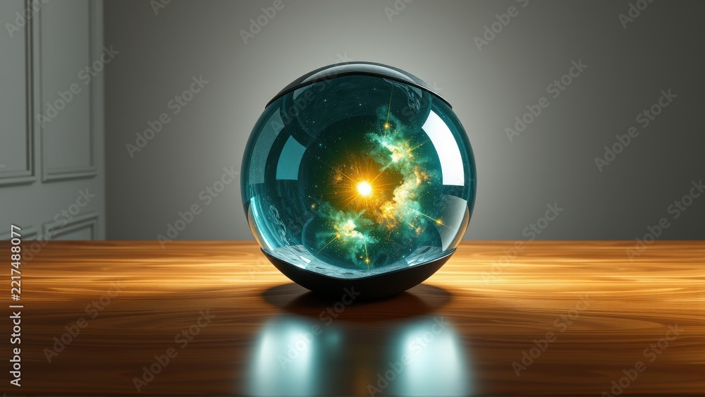 Fototapeta premium Glossy sphere rests upon wooden surface. Interior reveals vibrant nebula, cosmic energy glows brightly. Dramatic lighting creates strong contrast.