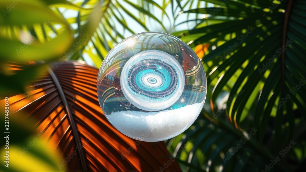 Fototapeta premium Clear sphere reflects vibrant tropical foliage, sky. Light plays across surface, creating interesting visual effect. Lush greenery surrounds orb.