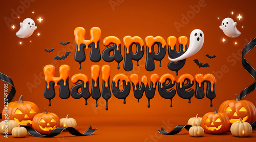 3D Happy Halloween Greeting Card Header with Cute Pumpkins Ghosts and Bats for Social Media Marketing Banner Poster Graphic Background Image