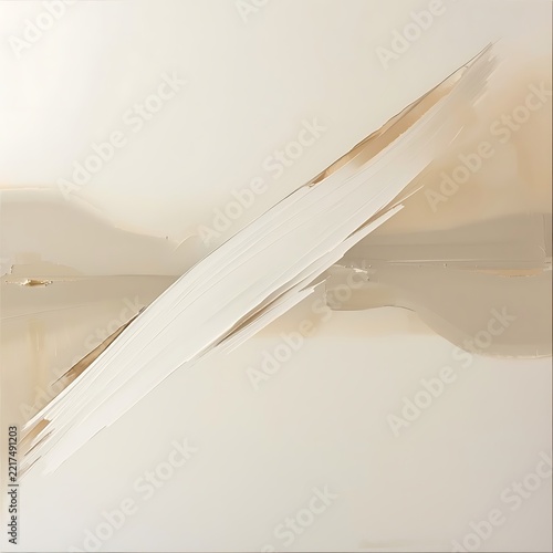Abstract oil painting featuring bold white diagonal brushstrokes on beige textured canvas.