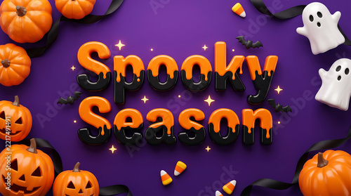 Spooky Season Halloween Banner with 3D Jack O Lantern Pumpkins Ghosts Candy Corn Bats on Purple Background for Autumn Party Digital Web Post