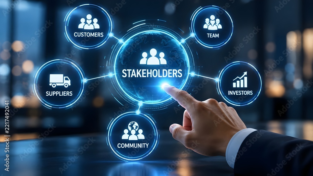 Obraz premium Hand touching digital stakeholder management dashboard with interconnected business relationship nodes