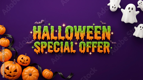 Halloween Special Offer Sale Banner with 3D Pumpkins Ghosts and Dripping Text on Purple Background for Retail Promotion and Marketing Ads.