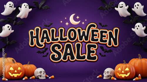 Halloween Sale Banner 3D Rendering Spooky Purple Background with Jack O Lantern Pumpkins Ghosts Skulls Bats Stars for Commercial Marketing