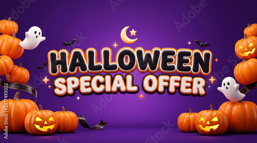 Halloween Special Offer 3D Render Banner with Spooky Pumpkins Ghosts and Bats Purple Background for Autumn Season Sale Marketing Campaigns