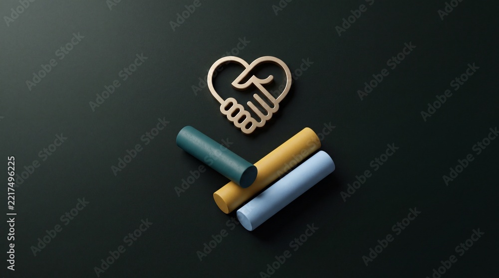 Fototapeta premium Minimalist 3D Conceptual Illustration of a Golden Heart-Shaped Handshake Symbol Above Colorful Cylinders on Dark Background, Representing Trust, Partnership, Business Agreement, and Charity Support