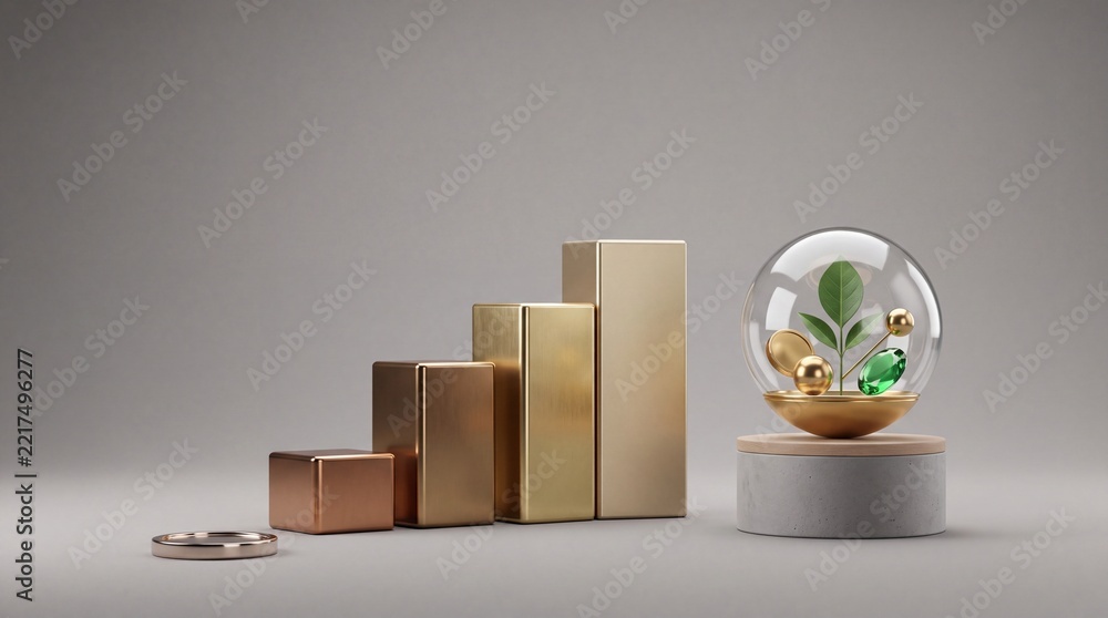Fototapeta premium Minimalist Conceptual 3D Illustration of Financial Growth with Rising Metallic Bar Charts and a Small Green Plant in a Glass Sphere Symbolizing Sustainable Investment and Wealth Success