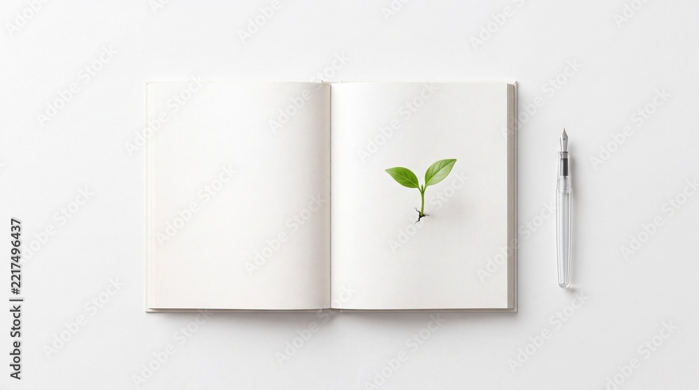 Fototapeta premium Minimalist top view of an open blank white notebook with a small green plant sprout growing from a page next to a transparent fountain pen, symbolizing creative growth, new ideas, and progress.