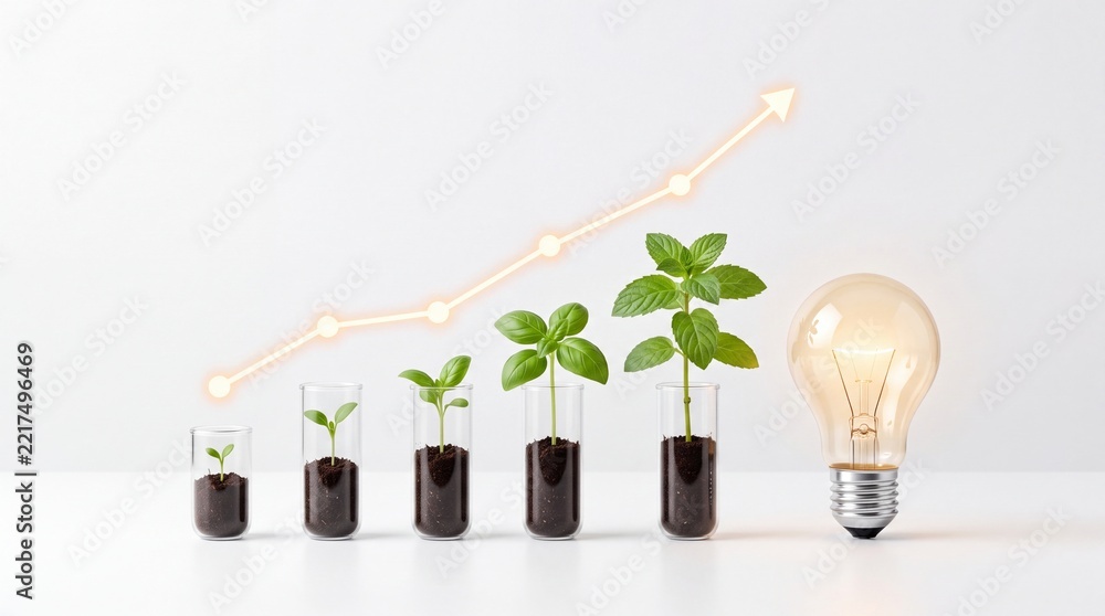 Fototapeta premium Progress and Sustainable Innovation Concept with Green Plants Growing in Test Tubes and a Glowing Light Bulb next to an Upward Growth Chart Arrow on Minimalist White Background.
