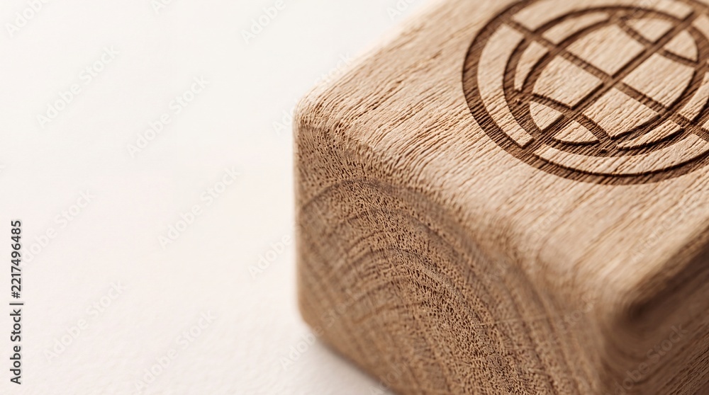 Fototapeta premium Close up macro view of a single wooden cube with an engraved globe symbol on light background, representing global business, international trade, sustainability, and worldwide connectivity concepts.