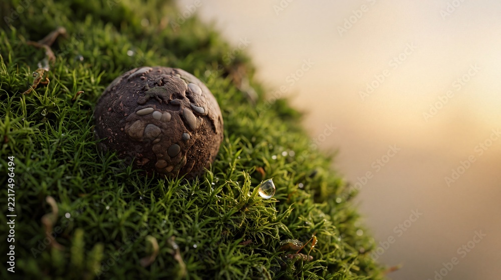 Fototapeta premium Macro Shot of a Small Earth Shaped Stone Globe Resting on Lush Green Moss with Fresh Dewdrop, Symbolizing Global Ecology, Environmental Conservation, and Nature's Beauty at Sunset Bokeh
