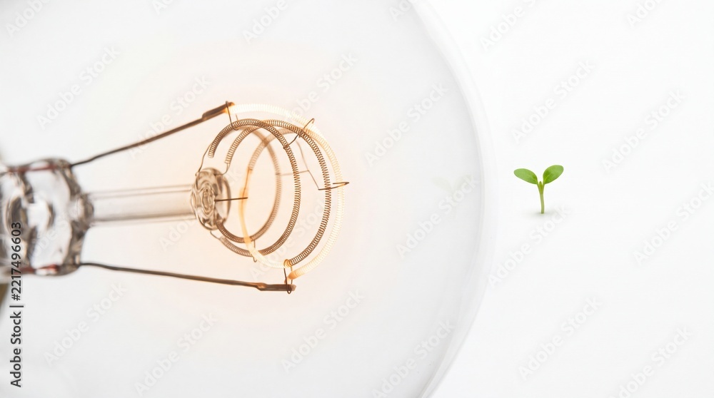 Fototapeta premium Close up macro shot of a glowing vintage light bulb filament next to a small green sprout on a white background, symbolizing green energy, sustainable innovation, growth, and ecological ideas.