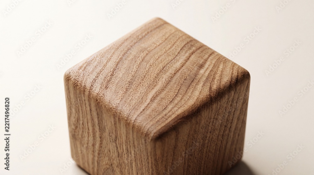 Fototapeta premium Macro Shot of a Single Polished Wooden Cube with Beautiful Natural Grain Texture and Rounded Edges, Symbolizing Sustainability, Foundation, and Natural Craftsmanship on Light Background