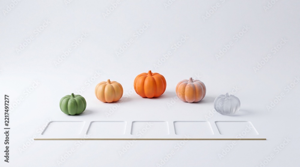 Fototapeta premium Minimalist Conceptual Image of Five Varied Colorful Pumpkins Arranged Behind Square Recessed Slots on a Clean White Surface, Representing Choice, Variety, and Autumnal Design Metaphor