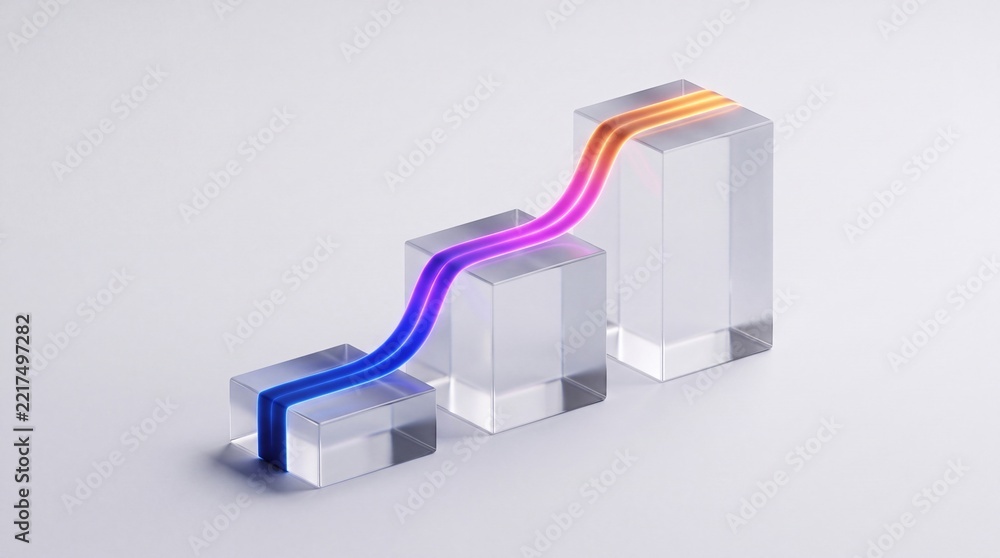 Fototapeta premium Abstract 3D business growth chart featuring glowing light path flowing over transparent glass blocks on a minimalist white background, representing financial success, data analytics, and rising