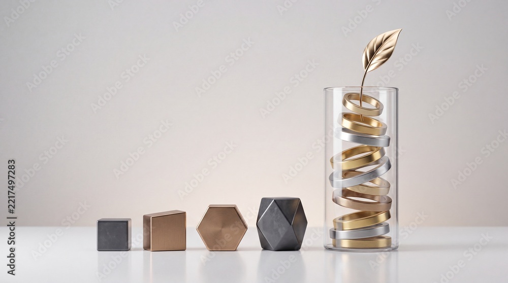 Fototapeta premium Minimalist business growth metaphor and investment success concept featuring geometric shapes and a glass jar filled with gold and silver rings topped with a golden leaf on a clean background.