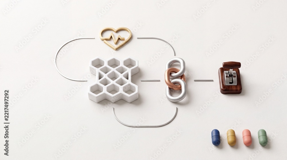 Fototapeta premium Abstract 3D Conceptual Illustration Representing Healthcare Systems and Medical Metaphors with Heart Icon, Honeycomb Grid, Chain Links, Control Toggle Switch, and Pharmaceutical Pills on Background