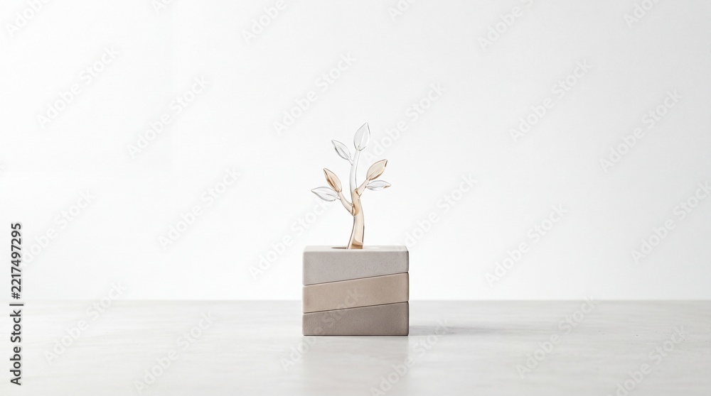 Fototapeta premium Conceptual business growth metaphor showing a delicate glass tree seedling sprouting from a solid layered stone cube foundation against a clean minimalist white background for corporate success.