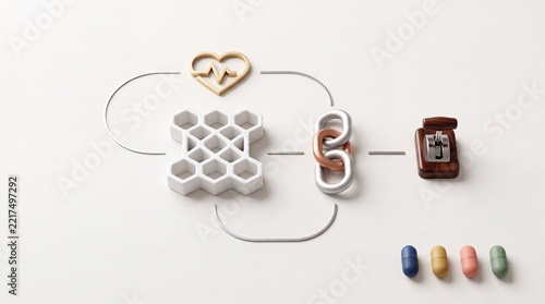 Abstract 3D Conceptual Illustration Representing Healthcare Systems and Medical Metaphors with Heart Icon, Honeycomb Grid, Chain Links, Control Toggle Switch, and Pharmaceutical Pills on Background