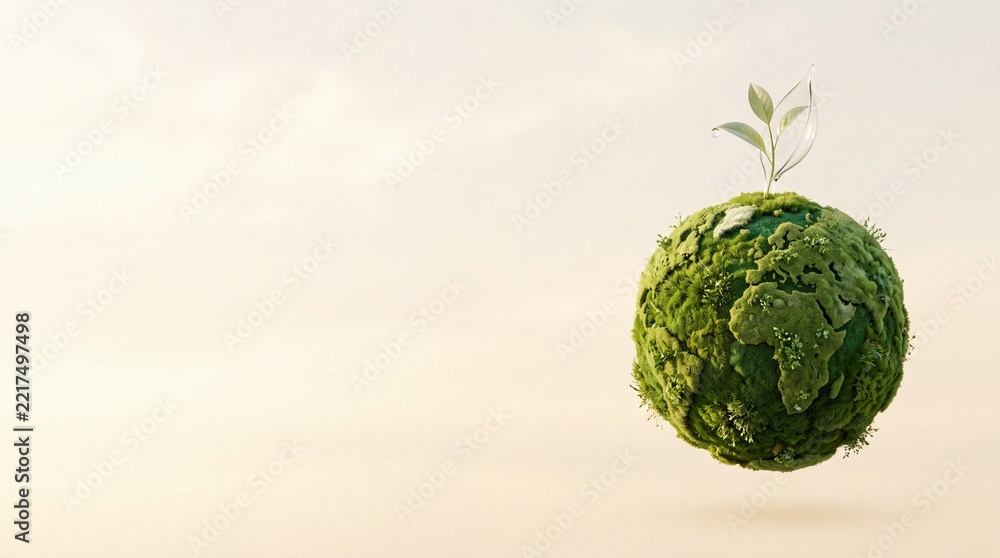 Fototapeta premium Green Mossy Earth Globe with a Small Seedling Sprout Growing on Top and Copyspace on the Left, Representing Sustainability, Environmental Protection, Ecology, and Green Living Concepts