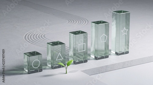 Abstract Growth Concept and Business Evolution Metaphor Represented by Graduated Crystal Bar Graphs with Geometric Symbols, a Fresh Green Plant Sprout, and Minimalist Zen Raked Sand Background