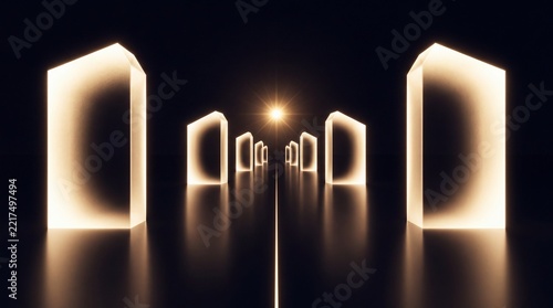 Abstract 3D Conceptual Illustration of Glowing Monoliths Forming a Symmetrical Path Towards a Bright Light, Representing a Metaphorical Journey of Enlightenment and Progress in a Dark Space