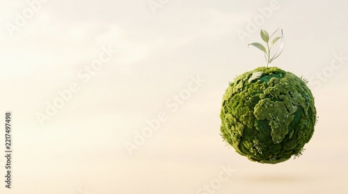 Green Mossy Earth Globe with a Small Seedling Sprout Growing on Top and Copyspace on the Left, Representing Sustainability, Environmental Protection, Ecology, and Green Living Concepts