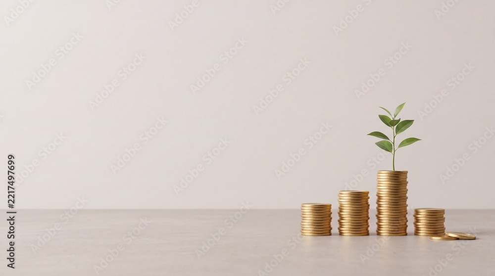 Fototapeta premium Investment and financial growth concept featuring rising stacks of gold coins with a small green plant sapling growing out of the tallest pile against a clean background with negative space left