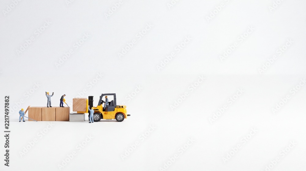 Fototapeta premium Miniature yellow forklift and industrial workers moving wooden blocks on a white background with large negative space on the right, concept of logistics, distribution, and teamwork.