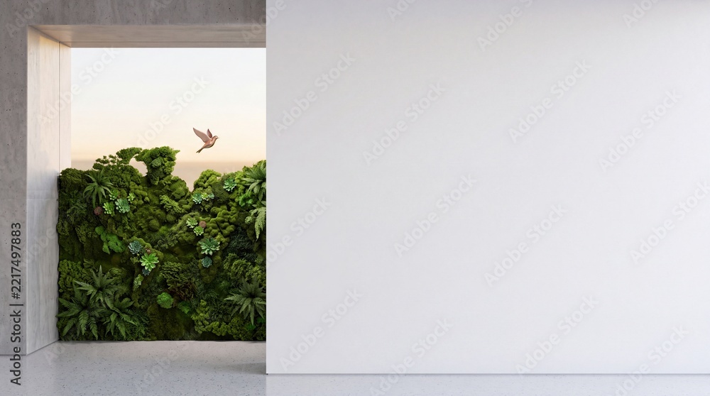 Fototapeta premium Minimalist Interior Design with Large Blank White Wall Mockup and Lush Vertical Garden Moss Wall on the Left Side featuring a Flying Bird and Negative Space for Copy on the Right side