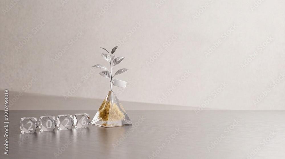 Fototapeta premium Conceptual Still Life of Year 2026 Represented by Crystal Cubes with a Silver Plant Growing from a Glass Pyramid Filled with Gold Sand, Minimalist Composition with Negative Space on the Right