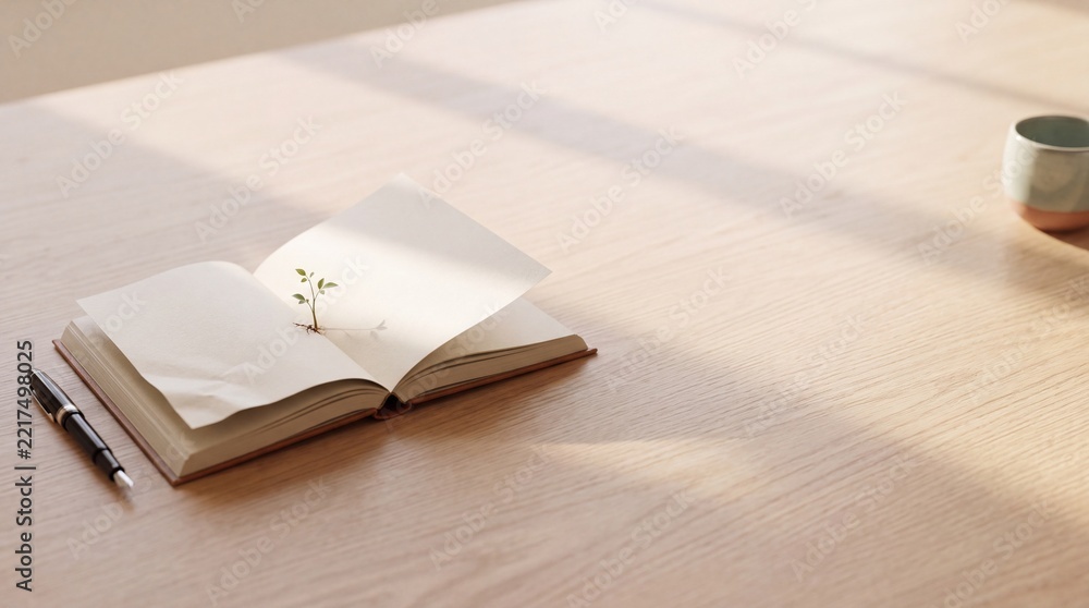 Fototapeta premium Small green plant seedling growing from an open blank notebook on a wooden desk with a pen and cup in soft natural sunlight, featuring large negative space on the right for copy and text.