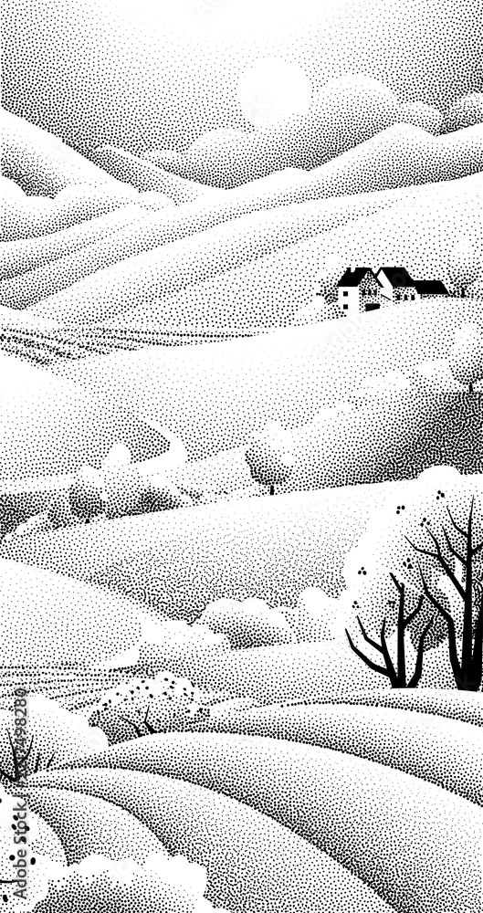 Fototapeta premium Fields rolling hills and mountains farm landscape background illustration with countryside mountains, sunrise sun, clouds and trees. Original rural background drawing in vintage pointillism dot style