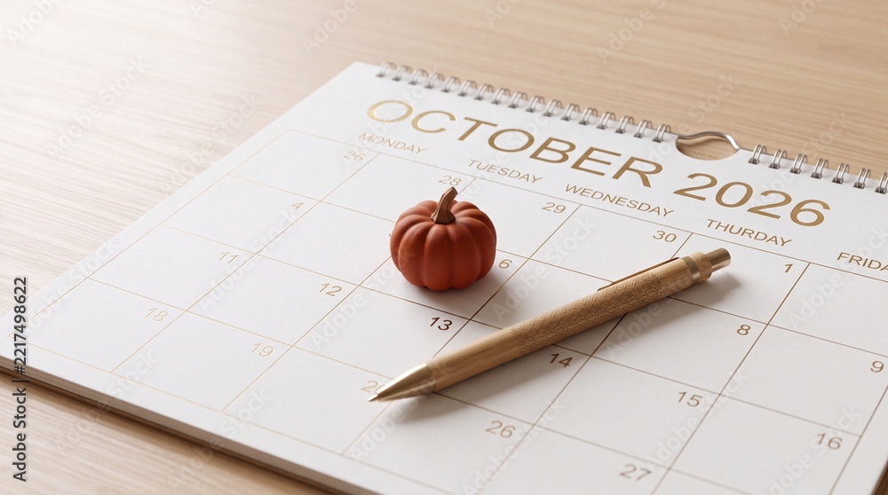 Fototapeta premium October 2026 Monthly Desk Calendar Planner with Decorative Small Pumpkin and Wooden Pen on Table, Autumn Season Schedule and Halloween Holiday Event Planning Concept