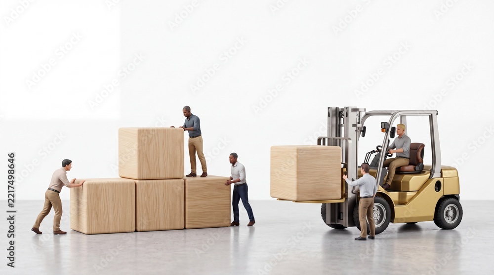 Fototapeta premium Miniature workers and a forklift driver organizing large wooden cubes in a clean warehouse environment, conceptualizing teamwork, logistics, supply chain management, and business scaling.