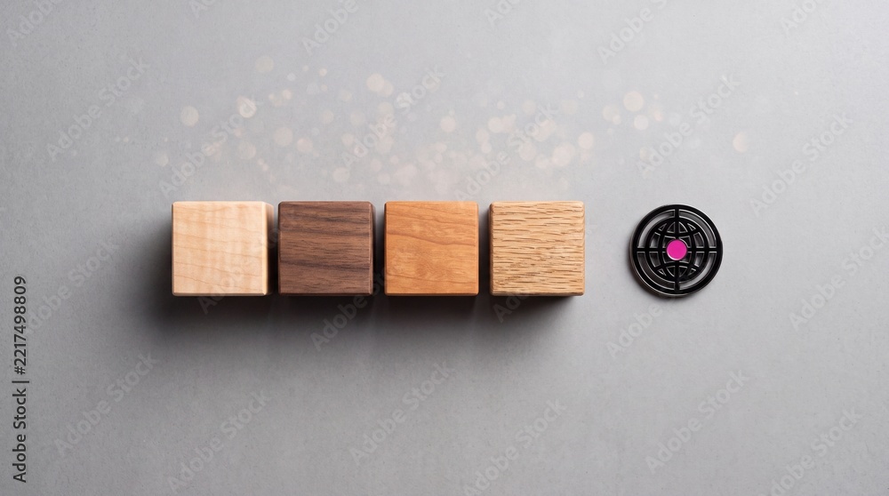 Fototapeta premium Top Down View of Different Wooden Blocks Lined Up Beside a Global Target Icon on a Grey Background, Representing Business Growth, Strategic Planning, Diversity, and Global Achievement