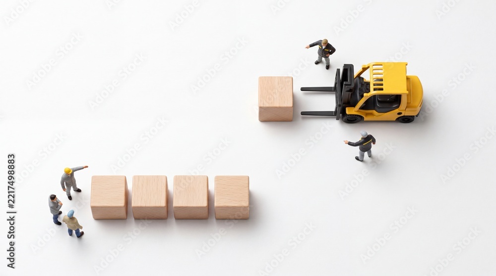 Fototapeta premium Top down view of miniature workers and a forklift moving wooden cubes on white background, representing logistics, warehouse management, supply chain, and industrial shipping concepts.